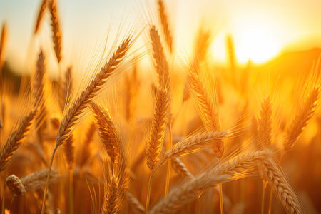 Sunset over a wheat field in summer, seen up close.の素材