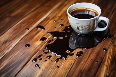 Spilled coffee in black cup on wooden floor, closeup.の素材