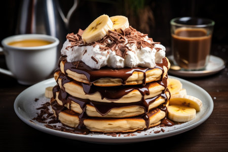 A tower of pancakes with banana, marshmallow, chocolate, sugar, coffee, and melted chocolateの素材