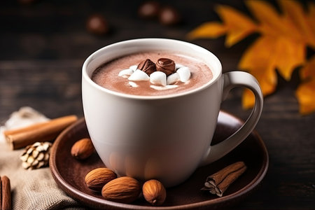 Autumn or winter cozy still life of hot chocolate in a ceramic mug.の素材