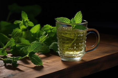 Close-up of small tea glass with fresh peppermint tea next to harvested peppermint plants on woodenの素材