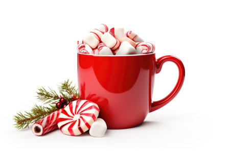 Cocoa in red cup with marshmallows and candy cane on whiteの素材