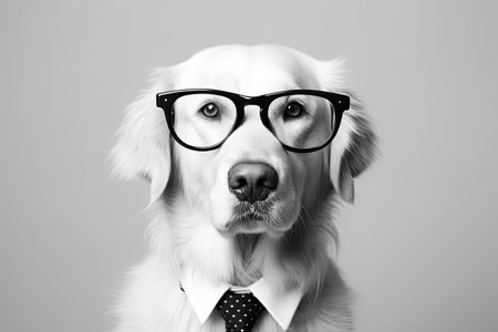 Portrait of a classy dog in glasses, shirt, and black tie on white background.の素材