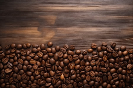 Coffee beans on a wood backdrop.の素材
