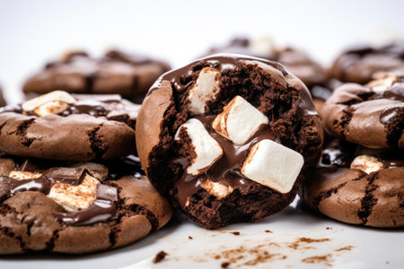 Close-up of divided dark chocolate cookies with marshmallow and ingredients on white backgroundの素材