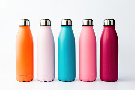 Colorful reusable steel thermo water bottles, isolated on white background Say no to plastic disposaの素材