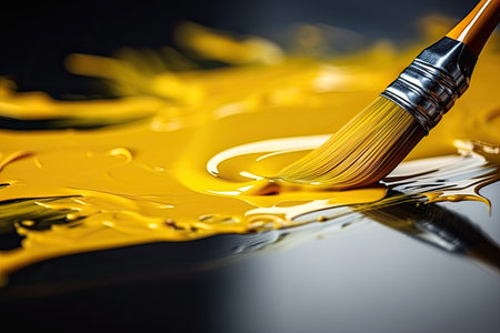 Yellow paint drips from a close-up paintbrush.の素材