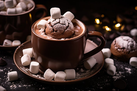 Selective focus on trendy cocoa bombs, black chocolate shells, filled with marshmallows and cocoa poの素材