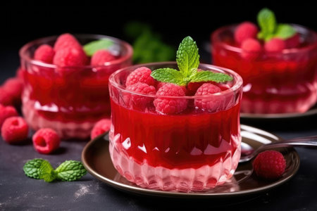 Summer dessert in glasses featuring fresh raspberries and berry fruit jelly pudding, presented in aの素材