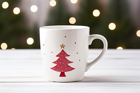 Christmas tree-shaped coffee mug on wooden tableの素材