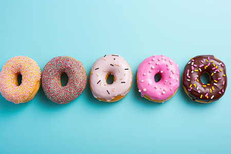 Colored donuts arranged on blue and pink minimalistic background from aboveの素材
