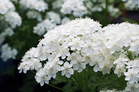 Valerian bush with white flower clusters swaying in a garden close-up.の素材