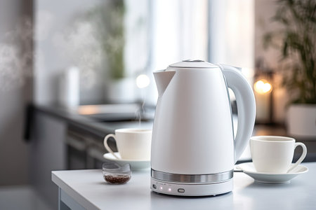 White modern electric kettle on table with sockets in background. Boiling water. Household applianceの素材