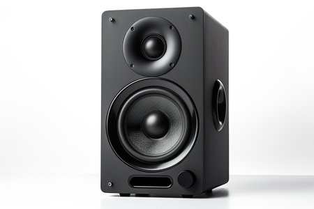 Computer speakers and subwoofer on white background.の素材