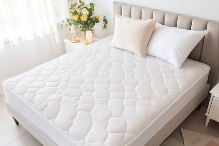 New mattress on comfortable bed for healthy sleep with scenic view.の素材