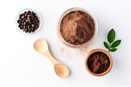 Cosmetic coffee scrub in a jar with a wooden spoon and natural ingredientsの素材
