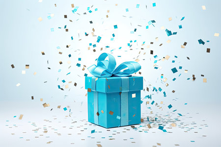 Confetti shoots out of blue gift box on white backdrop.の素材