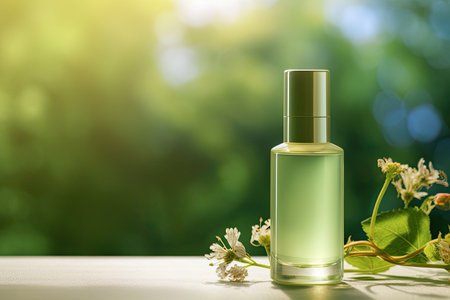Sunlit cosmetic bottle with floral shadow on green background.の素材
