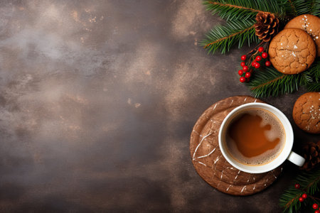 Festive table with gingerbread, cookies, tea or coffee, New Year party gift, rustic food background.の素材