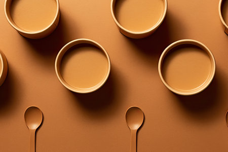 Eco-friendly soup cups on brown background, individual pack. Zero waste. Top view. Space for text. Mの素材
