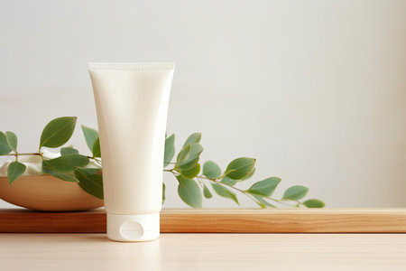 Natural eco beauty product on wooden plate with eucalyptus leaf backdrop. White tube mockup for cosmの素材