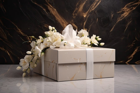 Paper marble gift box transformed into a cosmetic presentation podium featuring white flower productの素材