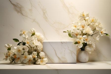 Cosmetic podium made of marble gift box displays product with white flowers in sunlight.の素材