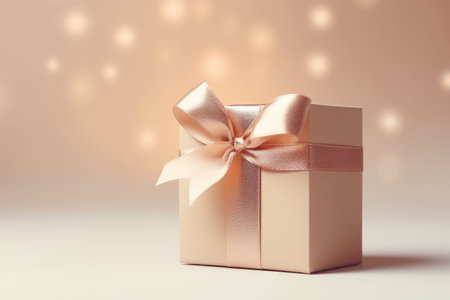 Light beige background with craft empty gift box and ribbon. Minimalist style template.の素材