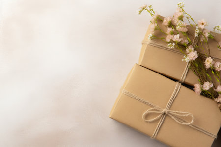 Create flower twig gift boxes on beige background.の素材