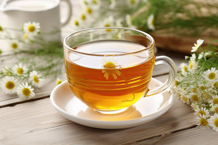 Chamomile tea on white wooden surface.の素材