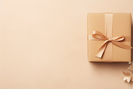 Minimalistic craft gift box with flowers on light beige background. Template background with copy spの素材