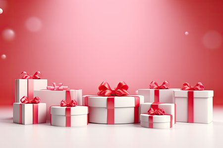 Large pink background with white podiums and gift boxes, adorned with red ribbon, along with copy spの素材