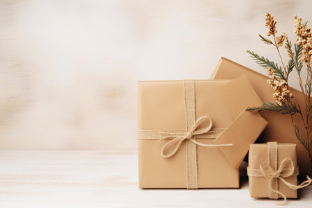 Create flower twig gift boxes on beige background.の素材