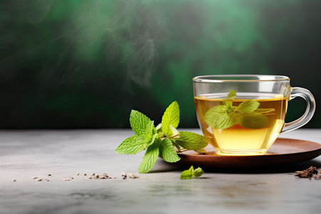Table with space for text, holding a steaming cup of mint tea.の素材