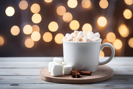Hot drink with cinnamon and marshmallows on wooden table, blurred lights in backgroundの素材