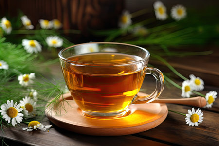 Medicinal chamomile tea in a wooden cup.の素材