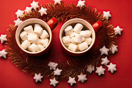 Top view of Christmas tree-shaped mugs with hot chocolate, marshmallows, and cocoa powder on a red bの素材