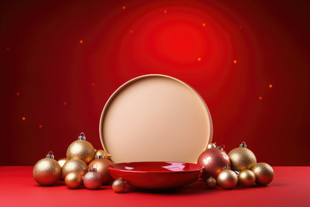 Christmas product advertising with a creative red background, featuring lovely gift boxes, baubles,の素材
