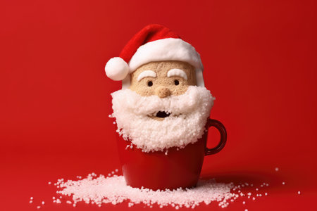 Coffee cup Santa Claus with a white sugar beard on a red background, symbolizing Merry Christmas andの素材