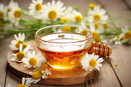Close-up view of a cup of organic herbal tea with honey and chamomile on a white wooden background,の素材