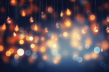 Christmas LED lights on dark background. Blurred light bulb garland, screen mode overlays. Festive bの素材