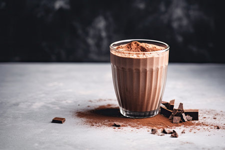 Selective focus dark hot chocolate drink on a white backgroundの素材