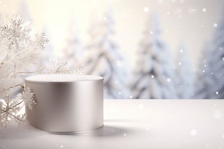 Snowflakes on a white background in sunlight with shadows, presenting a minimal cosmetic product sceの素材