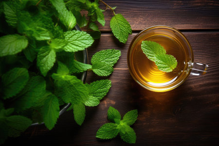 Top view of table with cup of hot mint tea and fresh leaves.の素材