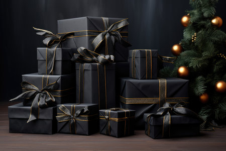 Black-themed Christmas with square boxed gifts wrapped in black paper and ribbon displayed on black.の素材