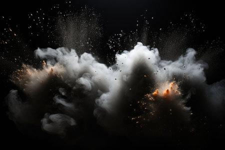 Powerful speakers emit powder particles amid darkness.の素材