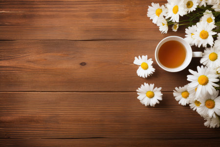 Teacup with chamomiles on wooden backdrop.の素材