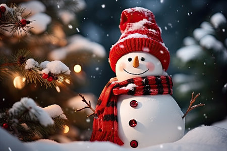 Christmas Postcard featuring a Happy Snowman in a Red Hat and Scarf against a Christmas Tree backdroの素材