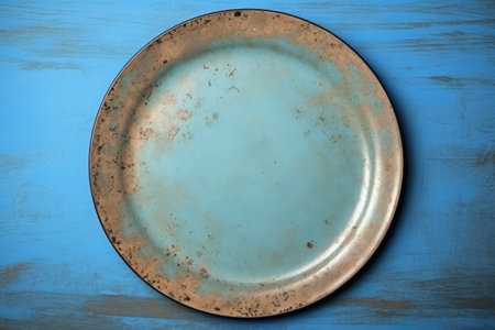 Close-up view of a dirty plate isolated on a blue background, taken from above.の素材
