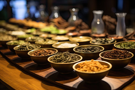 Spices and herbs in bowls on display in a Thai restaurant.の素材